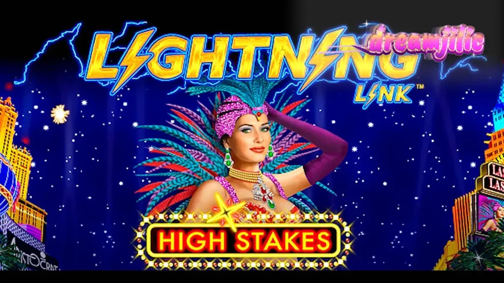 Tampilan antarmuka permainan slot Lightning Link High Stakes dengan elemen visual mewah.